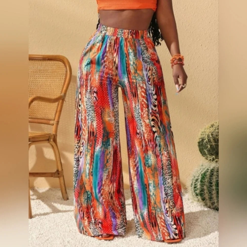 Womens Vibrant Multicolor Wide-Leg Pants Sz Large - Picture 4 of 6